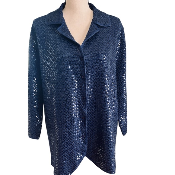 Talbots Sequin Cardigan Blue Silk Blend Handmade Button Front Plus size 2X - Picture 1 of 17